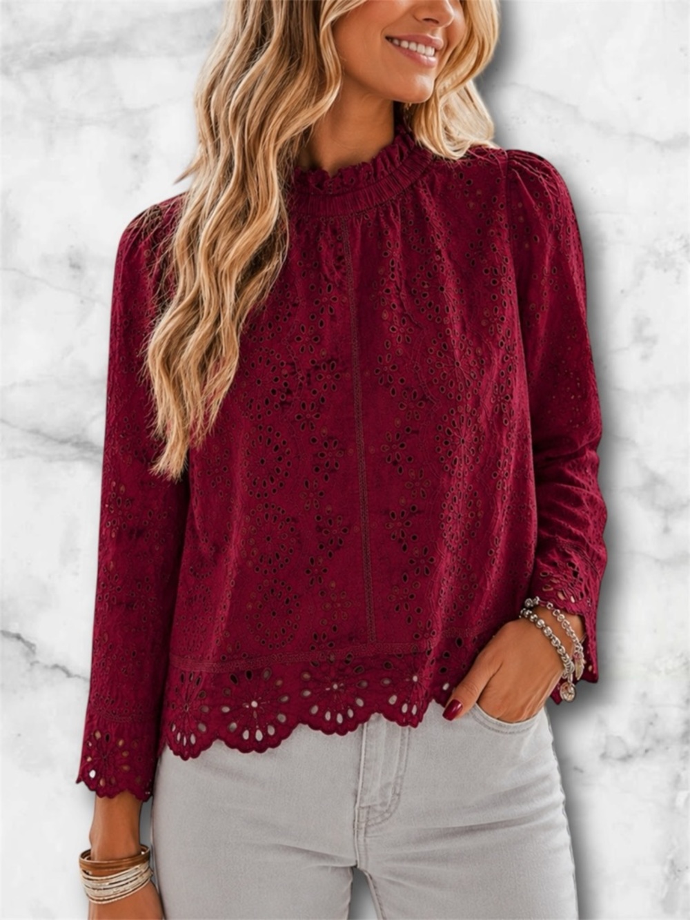 Jennifer & Grace Eyelet Blouse Burgundy Ruffle Neck Buttons Boho Romantic Size M